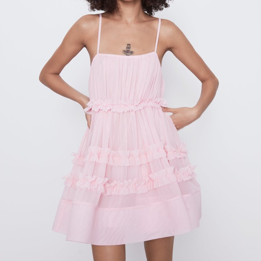 Zara RUFFLED TULLE DRESS Baby Pink NWT
